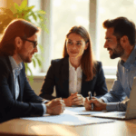 Afbeelding van een ondernemer in gesprek met een jurist of adviseur met papieren en een laptop op tafel.