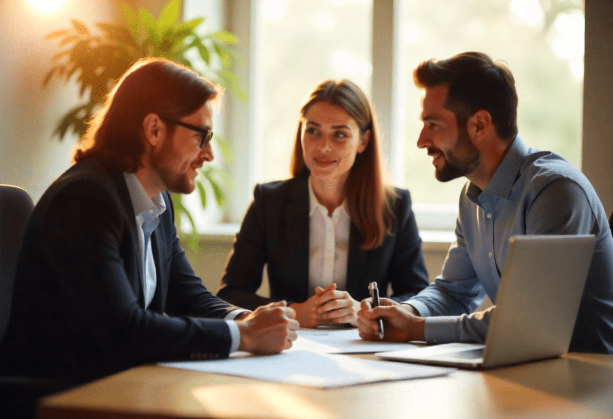 Afbeelding van een ondernemer in gesprek met een jurist of adviseur met papieren en een laptop op tafel.