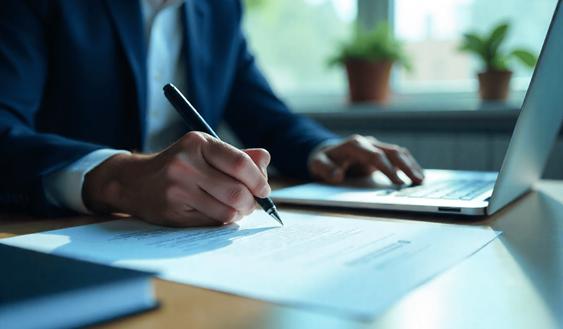 Een close-up van een hand die een contract ondertekent of van documenten met een pen en laptop ernaast.