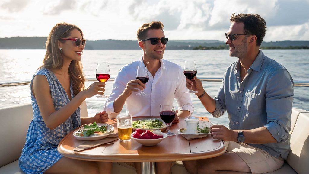 meerdere mensen eten op een boodje hun lunch