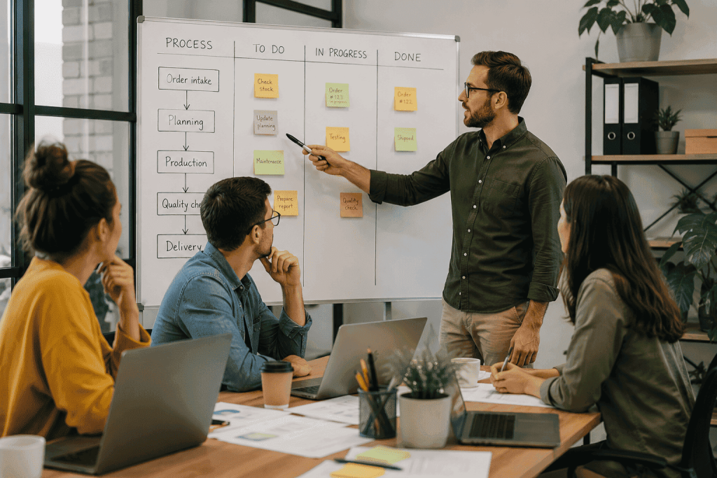 Een team van collega's die overleggen hoe de bedrijfsprocessen verbeterd kunnen worden.