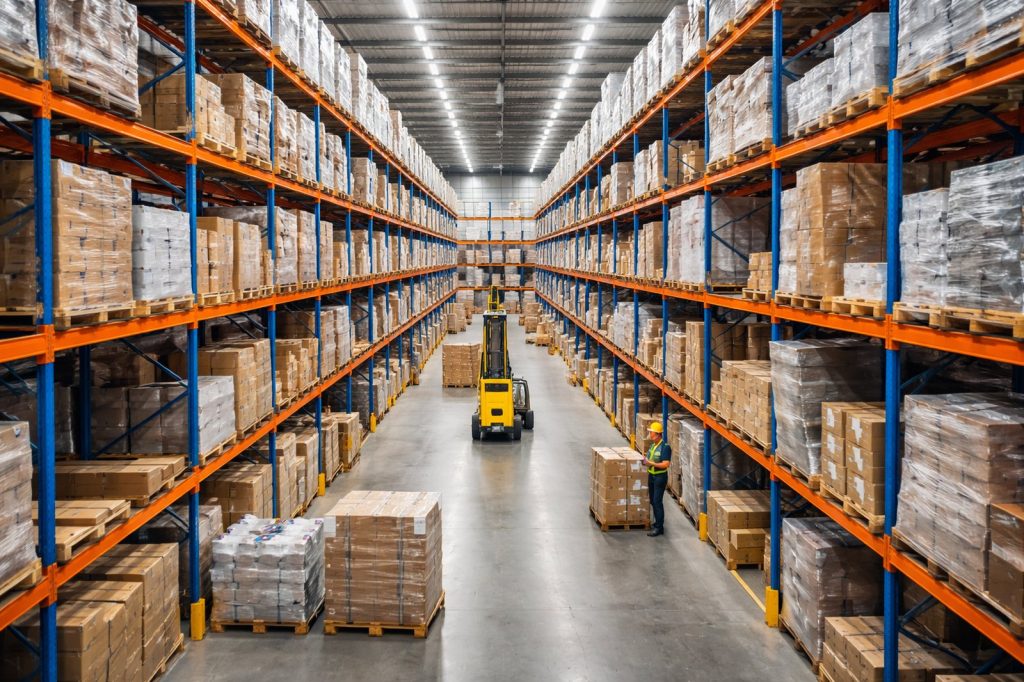 gangpad in magazijn tussen 2 stellingen die vol staan met producten. In het gangpak staat een heftruck die bezig is met het verplaatsen van producten