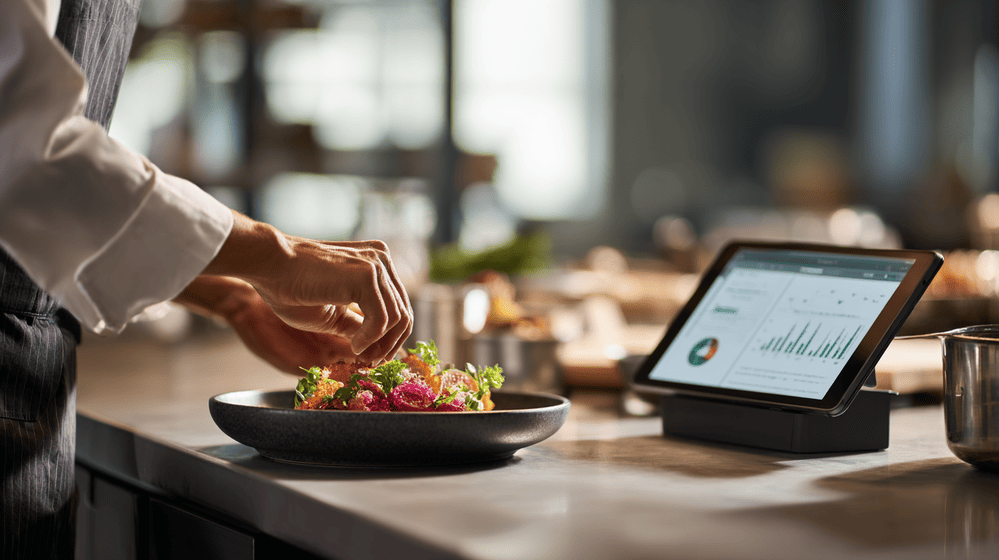 chef is een gerecht aan het maken met een tablet voor inventarisatie ernaast