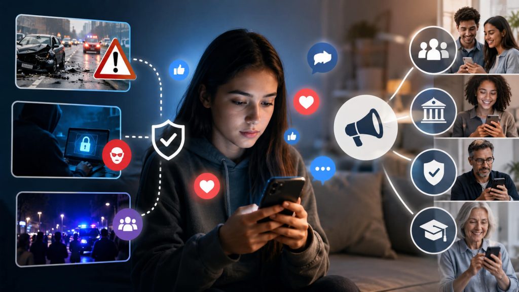 Sociale media verspreiden veiligheidsinformatie snel onder verschillende doelgroepen via online platforms.
