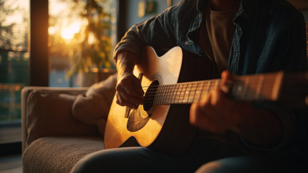 Muziek maken op een akoestische gitaar helpt om focus te vinden en spanning los te laten.