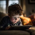 Kind kijkt thuis naar een tablet, voorbeeld van schermgebruik thuis en de invloed op houding tijdens het zitten.