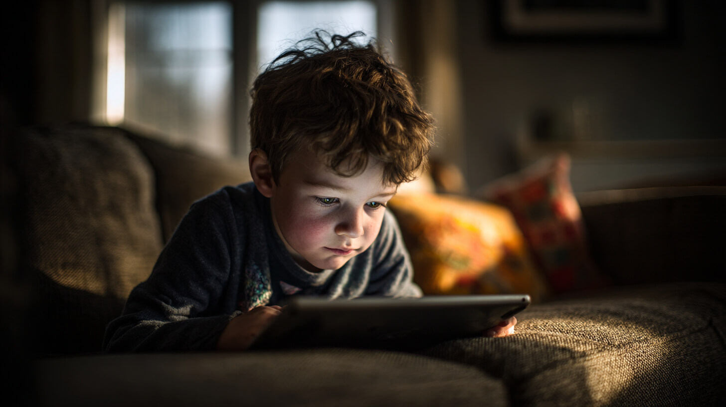 Kind kijkt thuis naar een tablet, voorbeeld van schermgebruik thuis en de invloed op houding tijdens het zitten.