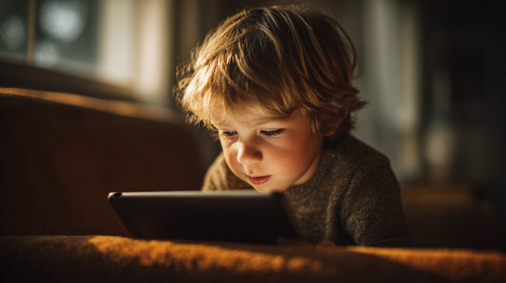 Jong kind geconcentreerd achter een tablet in huis tijdens schermgebruik thuis en langdurig stilzitten.