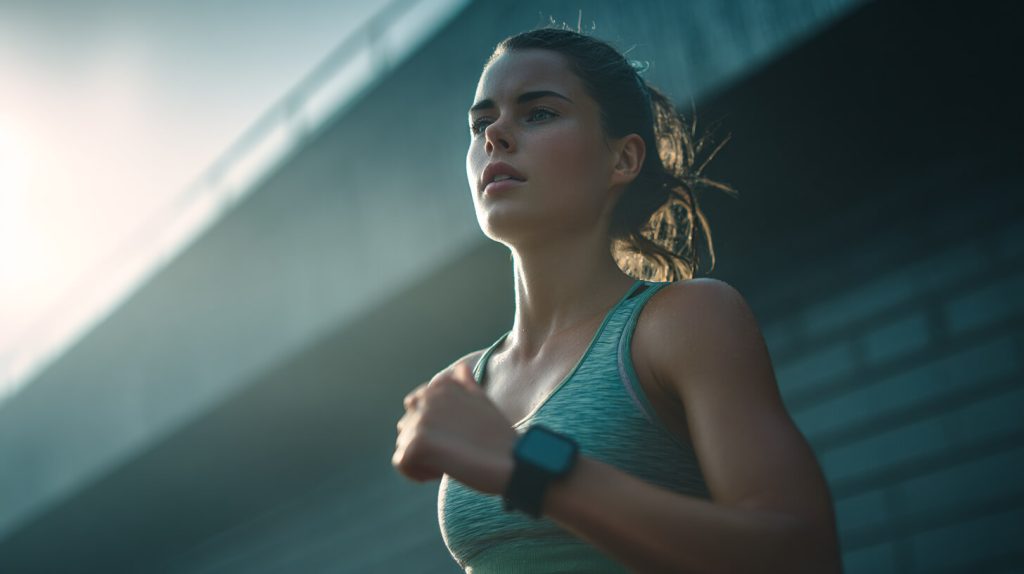 Hardloper met smartwatch gebruikt sportapps en wearables om voortgang en doelen te monitoren