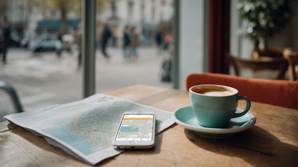 Een smartphone met een kaart- en zoekapp naast een kopje koffie op een cafétafel, met straatbeeld op de achtergrond