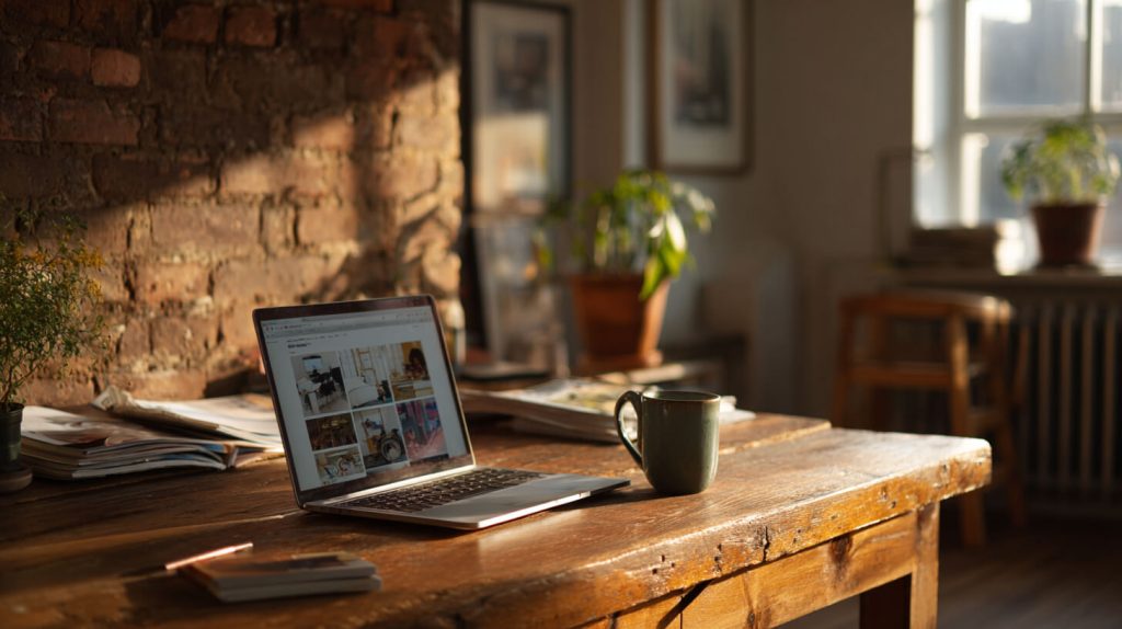 Een laptop met zoekresultaten op het scherm op een houten bureau bij een bakstenen muur, omringd door tijdschriften en een kop koffie in warm zonlicht